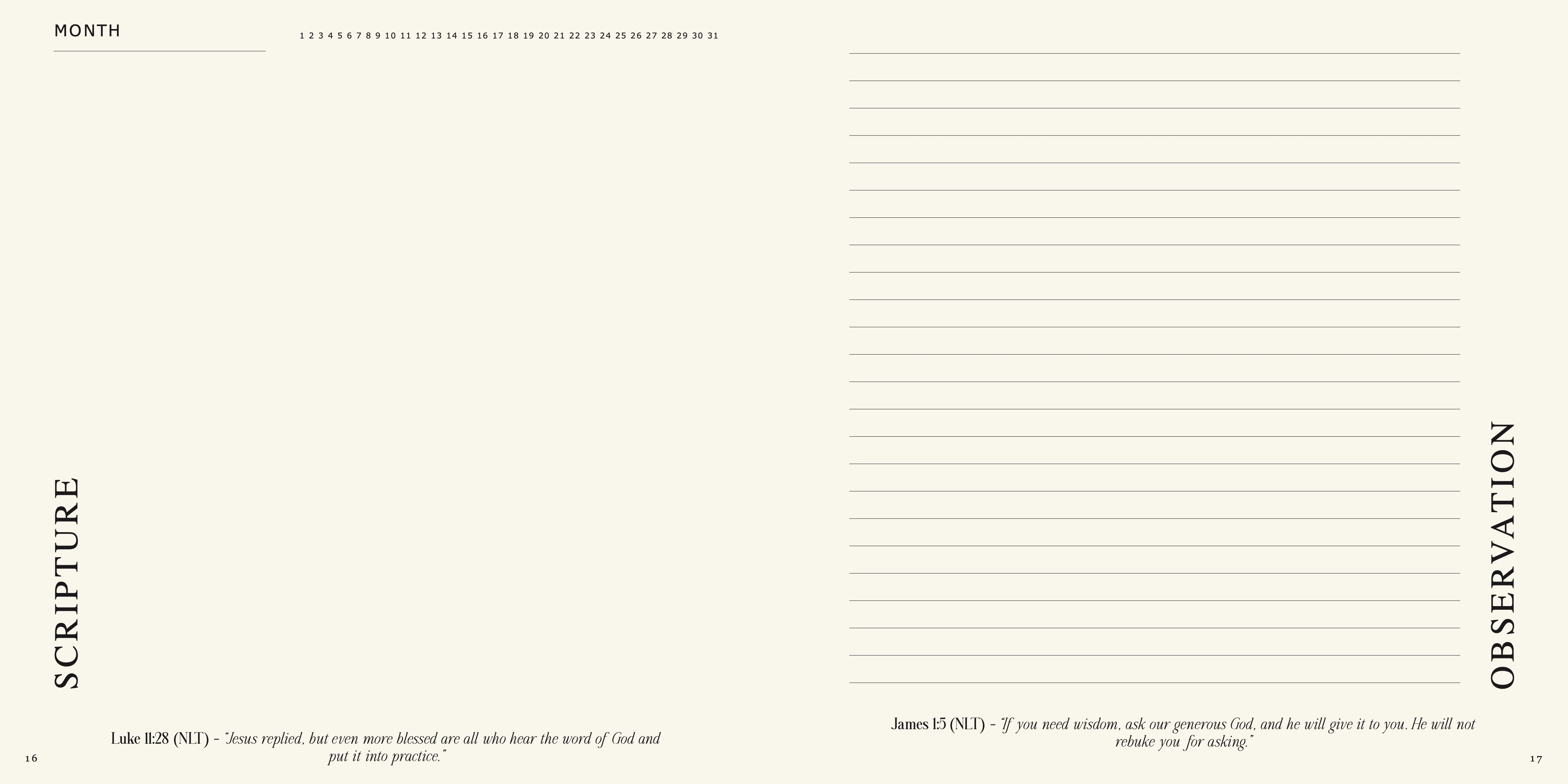 An open interior spread of His Word Abiding — a Scripture page facing a ruled Observation page